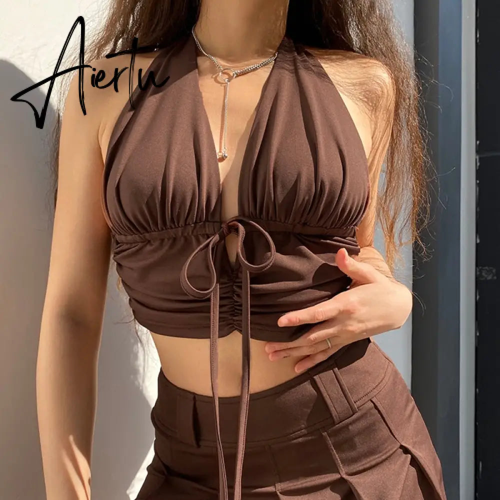 90s Y2K Brown Cami Tanks Ruched Tie Up Crop Top Women New Harajuku Cute Backless Tank Tops Sexy Halter Party Beachwear Aiertu