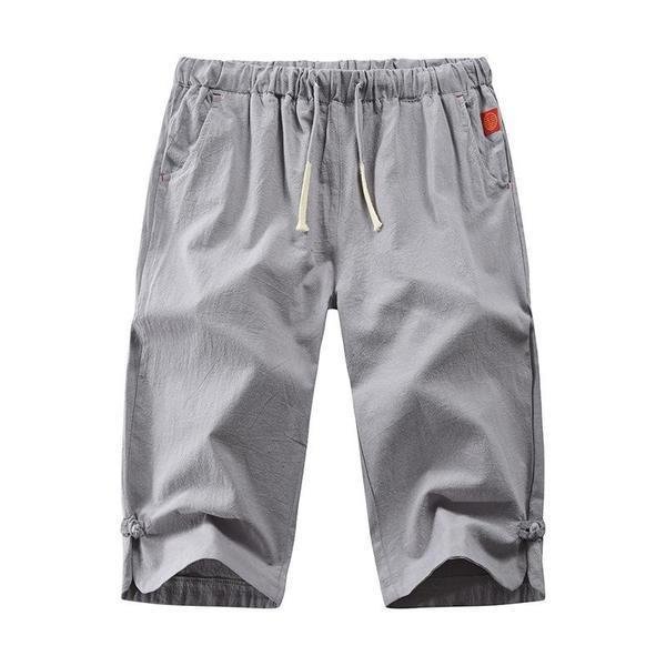 Men's Summer Plain Casual Cotton And Linen Cropped Trousers.Loose fitting and breathable