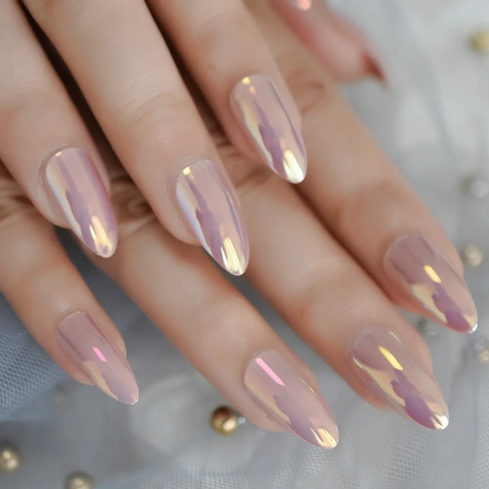 Holographic Silver Glitter Press On Nails Short Style Daily Wear Nude Pink Lady False Nails Oval Shape Nail Art Tips 515-Nail Inspo