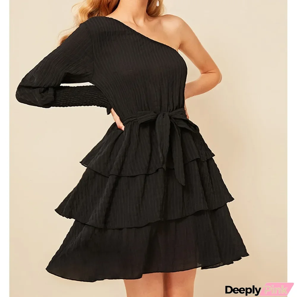 Black Sexy One Shoulder Cascading Mini Cake Dress