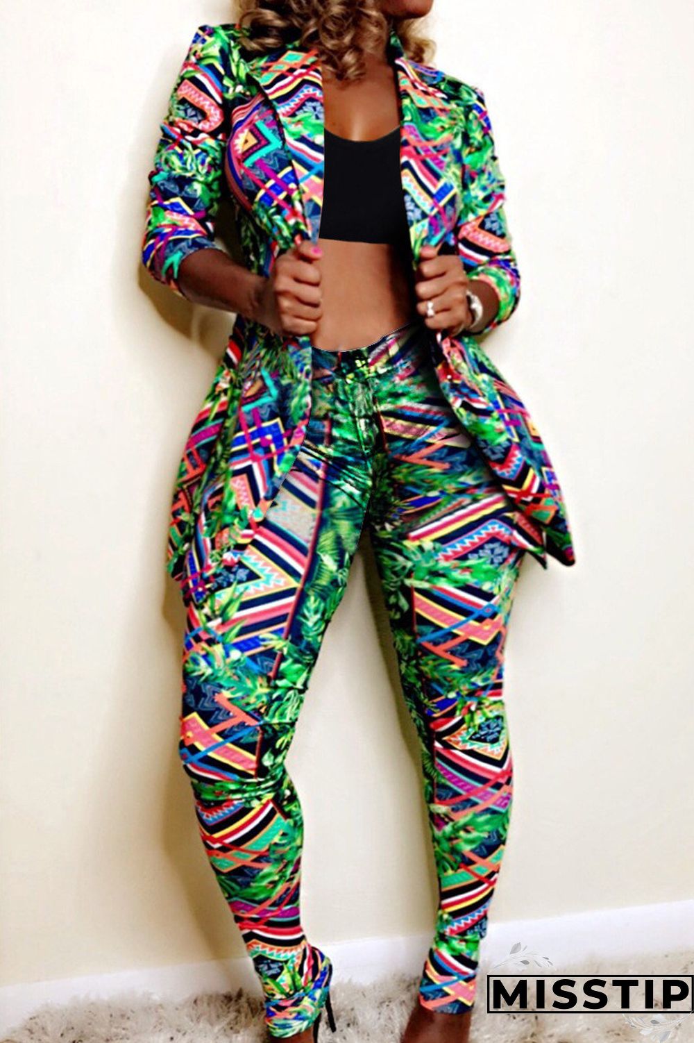 Colour Fashion Casual Print Cardigan Pants Turndown Collar Long Sleeve Two Pieces