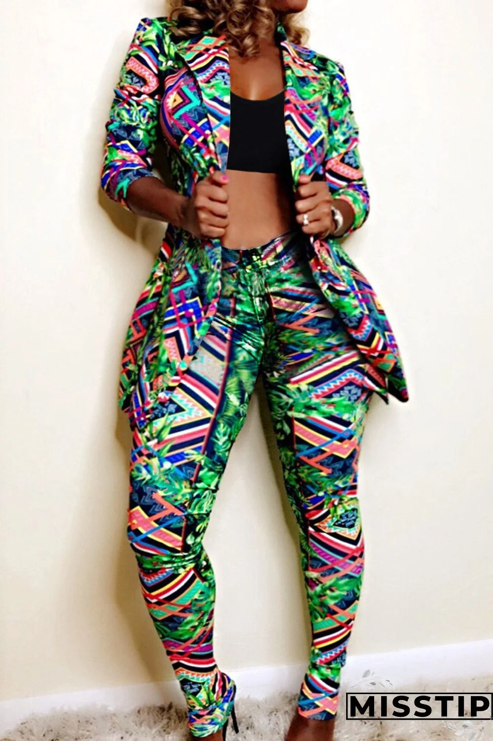 Colour Fashion Casual Print Cardigan Pants Turndown Collar Long Sleeve Two Pieces