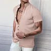 Camicia da uomo a maniche corte in cotone e lino con collo alto e bottoni