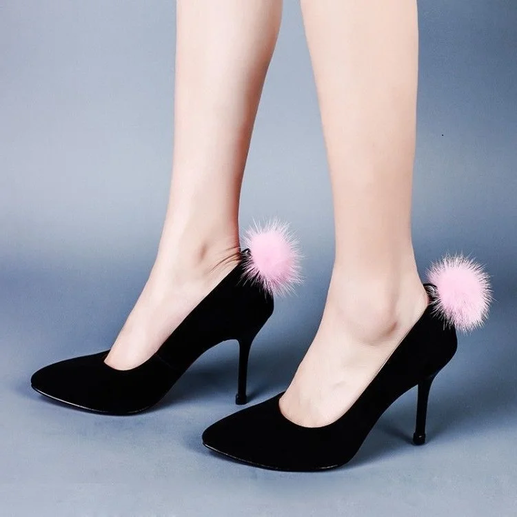 Black Vegan Suede Stiletto Heels Pink Pom Fashion Office Pumps Shoes |FSJ Shoes