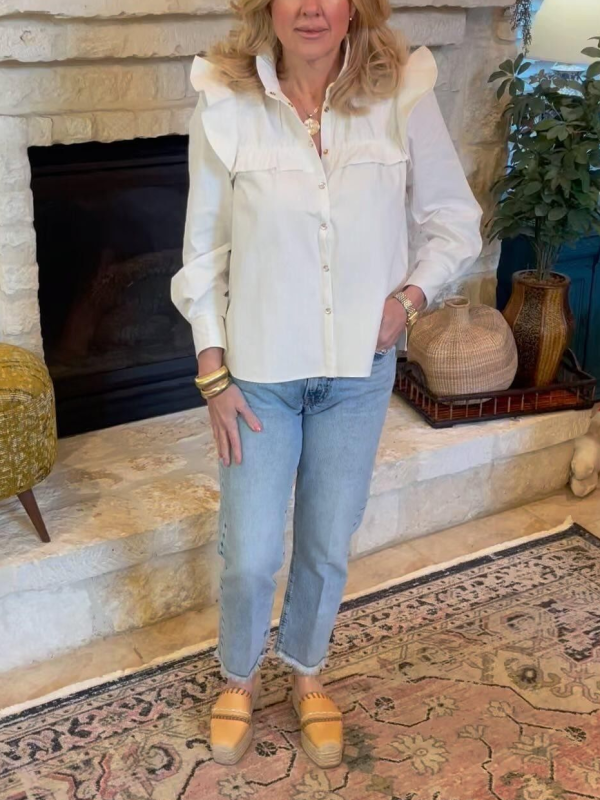 White Ruffle Sleeve Button Shirt Top