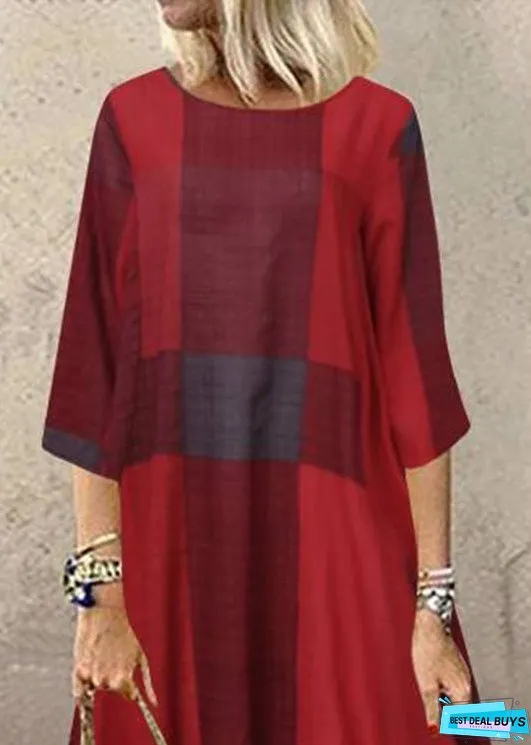 Women Black O-Neck Plaid Maxi Dresses Half Sleeve
