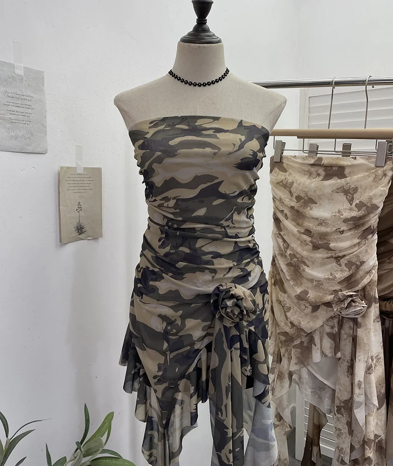 Uveng Solid Shot Tie Net Yarn Printing Irregular Ribbon Three-Dimensional Flowers Small Man With Chest Short Skirt Dress Dress 6652