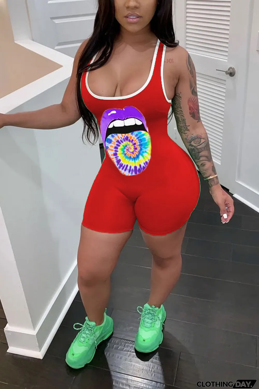 Blue Fashion Casual Print Patchwork Lip Polyester Sleeveless Slip Jumpsuits