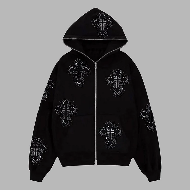 Gothic Hoodies Black Oversized Full Zip Up Hoodie Streetwear Cross Print Sweatshirt