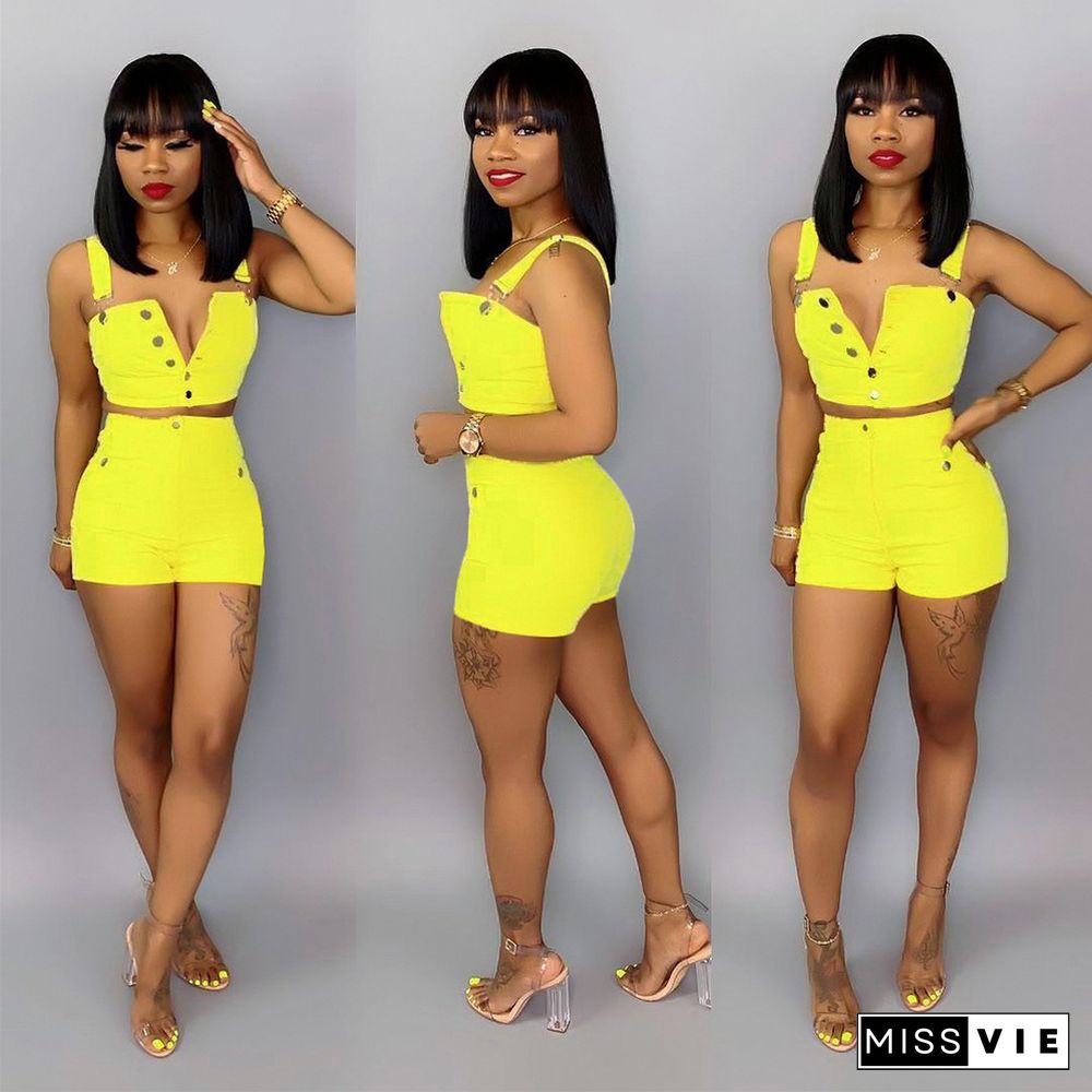 Sleeveless Crop Top and Shorts Denim Matching Set