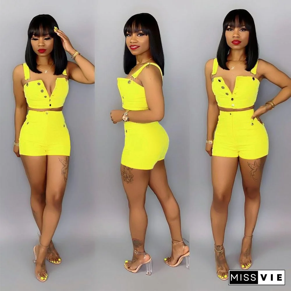 Sleeveless Crop Top and Shorts Denim Matching Set