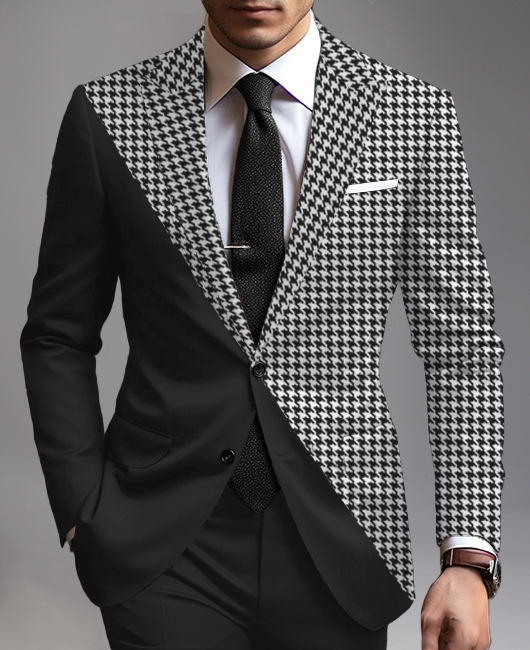 Business Patchwork Houndstooth Pattern Peaked Lapel Two Button Blazer