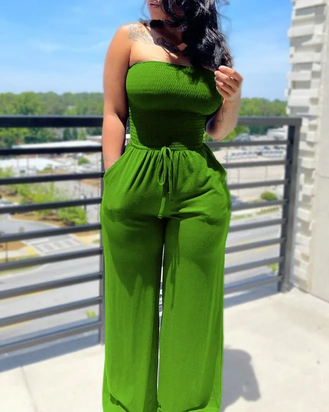 2023 Woman Long Jumpsuits Elegant Drawstring Bandeau Shirred Pocket Design Wide Leg Jumpsuit New Fashion Casual One Pieces