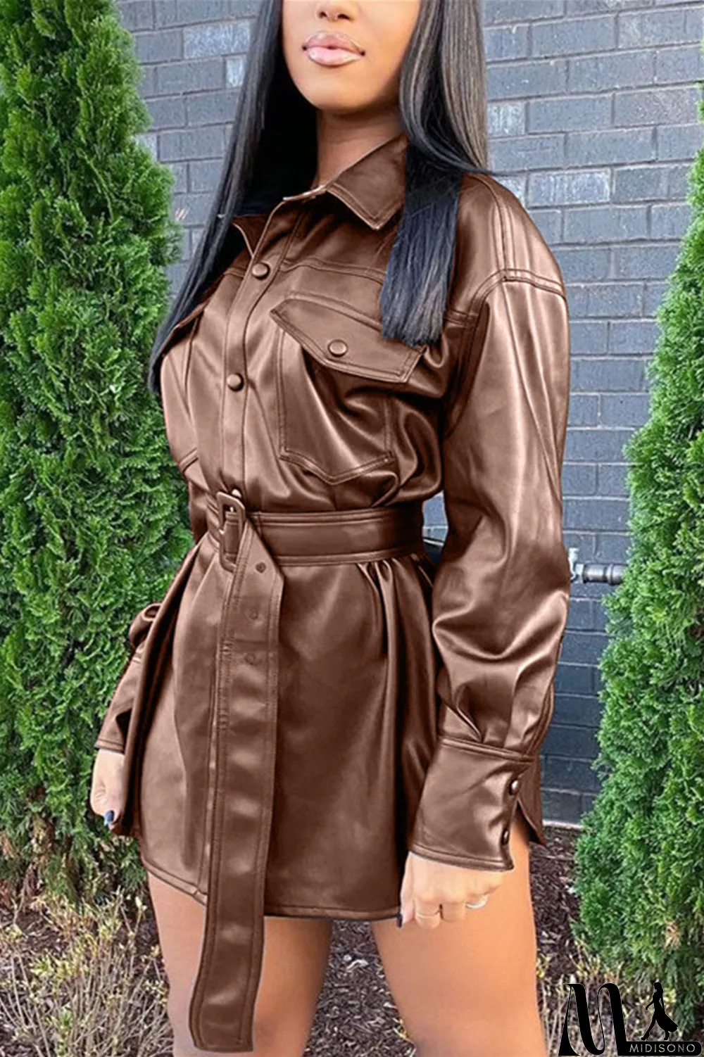 MidiSono - Blue Fashion Casual Solid With Belt Turndown Collar Outerwear