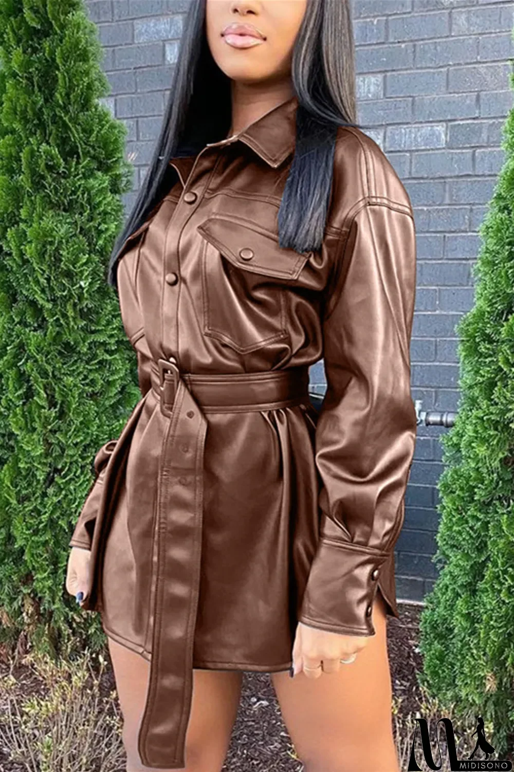 MidiSono - Blue Fashion Casual Solid With Belt Turndown Collar Outerwear