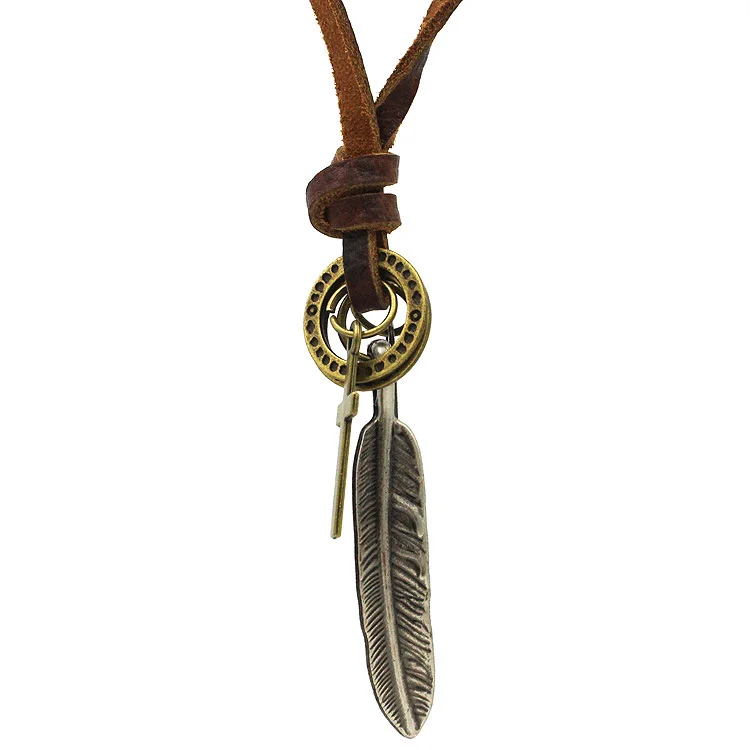 Feather Cross Vintage Leather Long Necklace