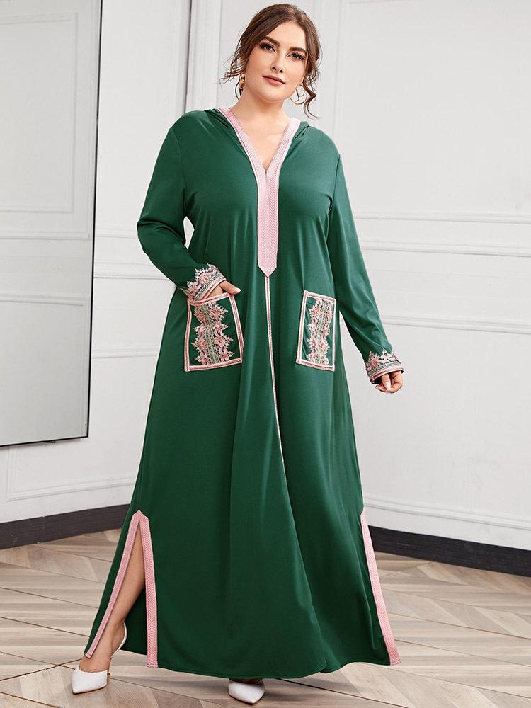 Hooded Embroidery Print Pocket Split Long Sleeve Dress | Oxredo Shop Ramadan Sale