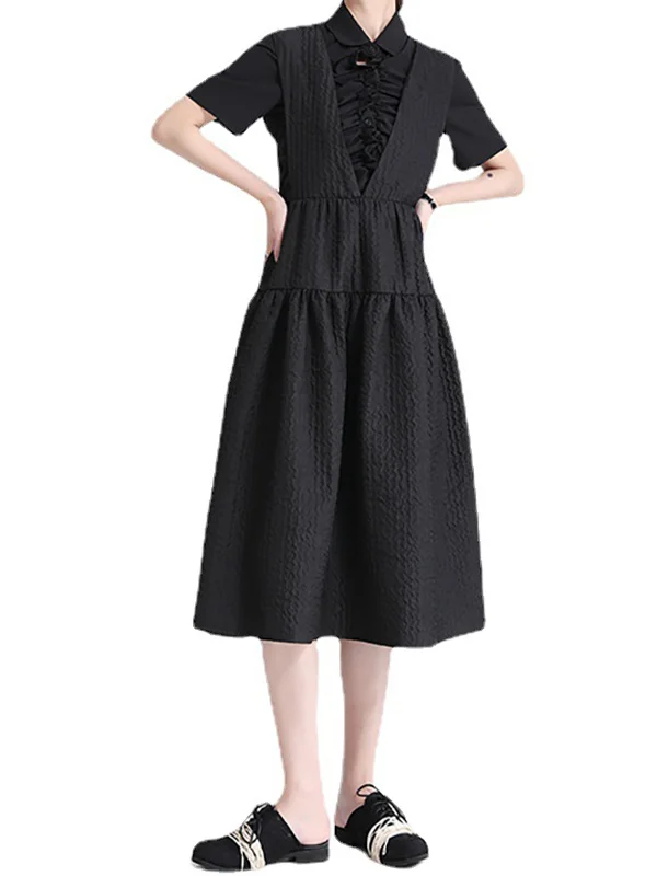 Solid Color V-Neck Back Wide Loose Casual Dress - yankia