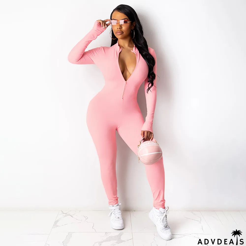Solid Long Sleeve Zipper Slim Jumpsuit