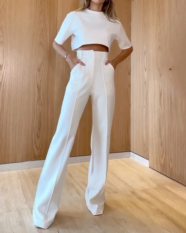 Round Neck Short Sleeve Top Trousers Solid Color Two-piece Suit