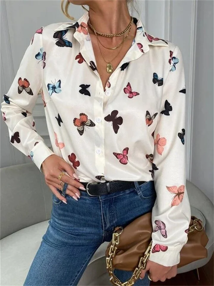 Women's Comfortable Casual Temperament Commuter Tops Fashion Printed Long Sleeve Blouse Butterfly Printed Lapel Shirt-Cosfine