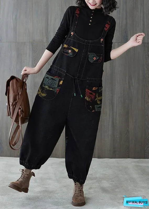 Vivid Denim Black Casual Pants Loose Spring Jumpsuit Pants