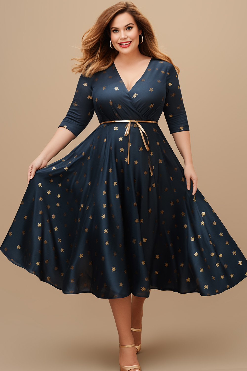 Flycurvy Plus Size Everyday Navy Blue Floral Print Wrap 3/4 Sleeve Tea-Length Dress