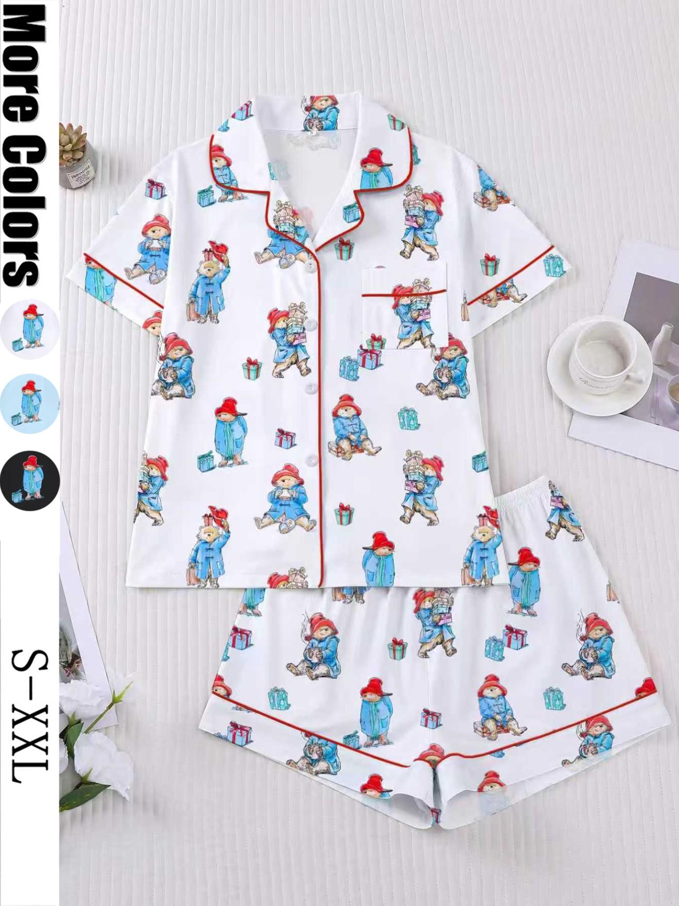 Women's Cute Bear Print Sleepwear Set, Short Sleeve Lapel Shirt & Loose Elastic Shorts, Casual All-Season Home Wear
