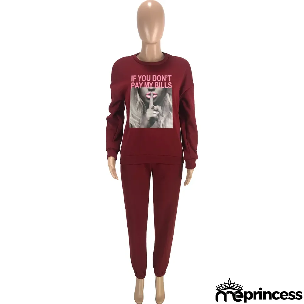 Plus Size Plush Print Sweatshirt And Pant Sport 2 Piece Set