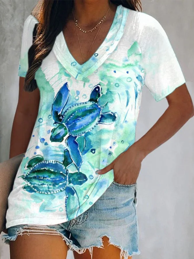 V-Neck Sea Turtle Print T-Shirt-mysite