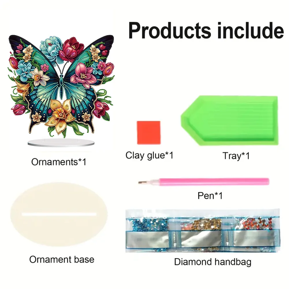 5D DIY Flower Butterfly Acrylic Single-Sided Diamond Painting Tabletop Ornament Kit for Office Desktop Decor