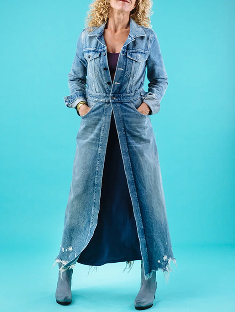 Daily Plain Turndown Collar Pockets Denim Long Coat
