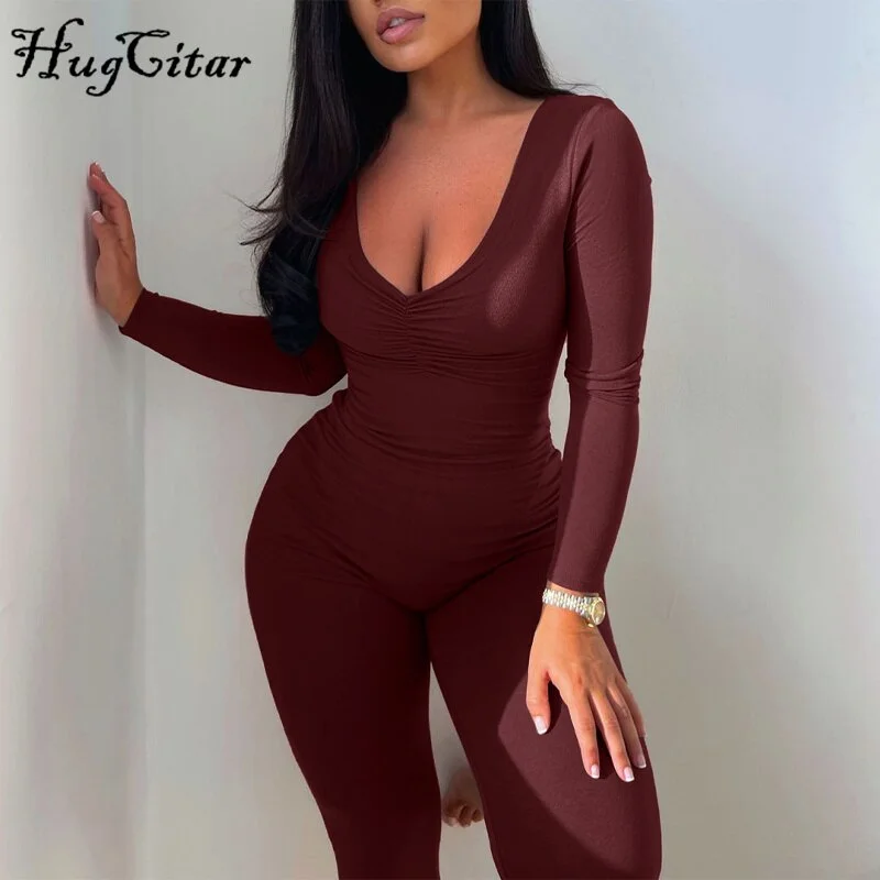 Hugcitar 2021 Solid Long Sleeve V Neck Bodycon Draped Sexy Jumpsuit Summer Autumn Women Fashion Streetwear Party Club Outfits