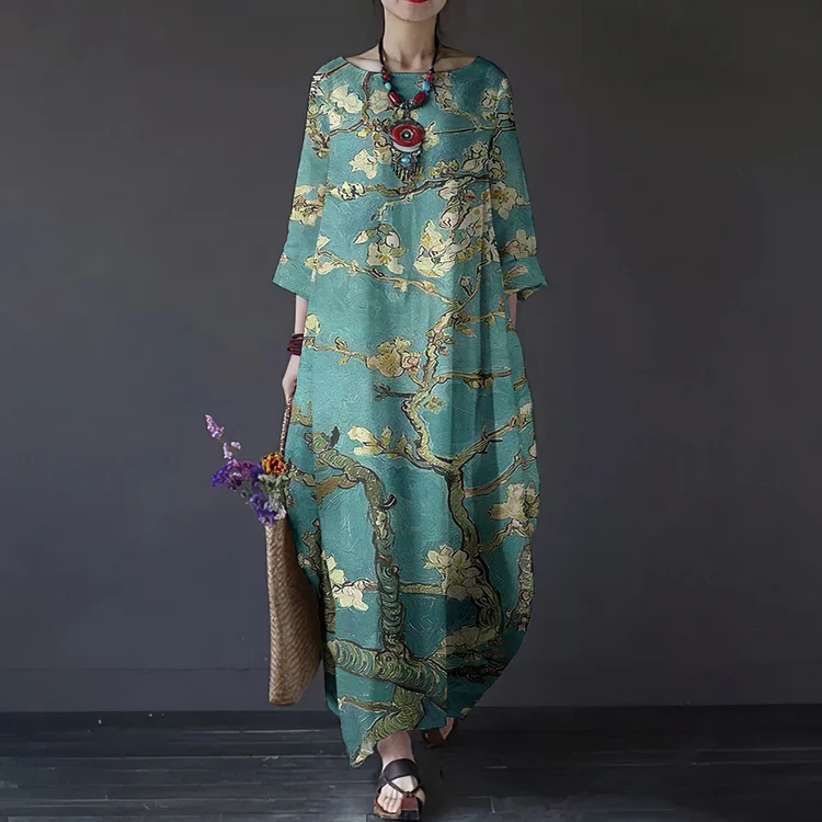 Comstylish Retro Art Painting Blossom Printed Cotton Linen Maxi Dress