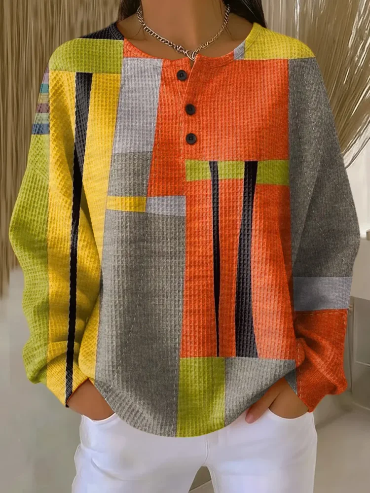 Women's Colorful Abstract Geometric Painting Art Print Casual Cotton Shirt