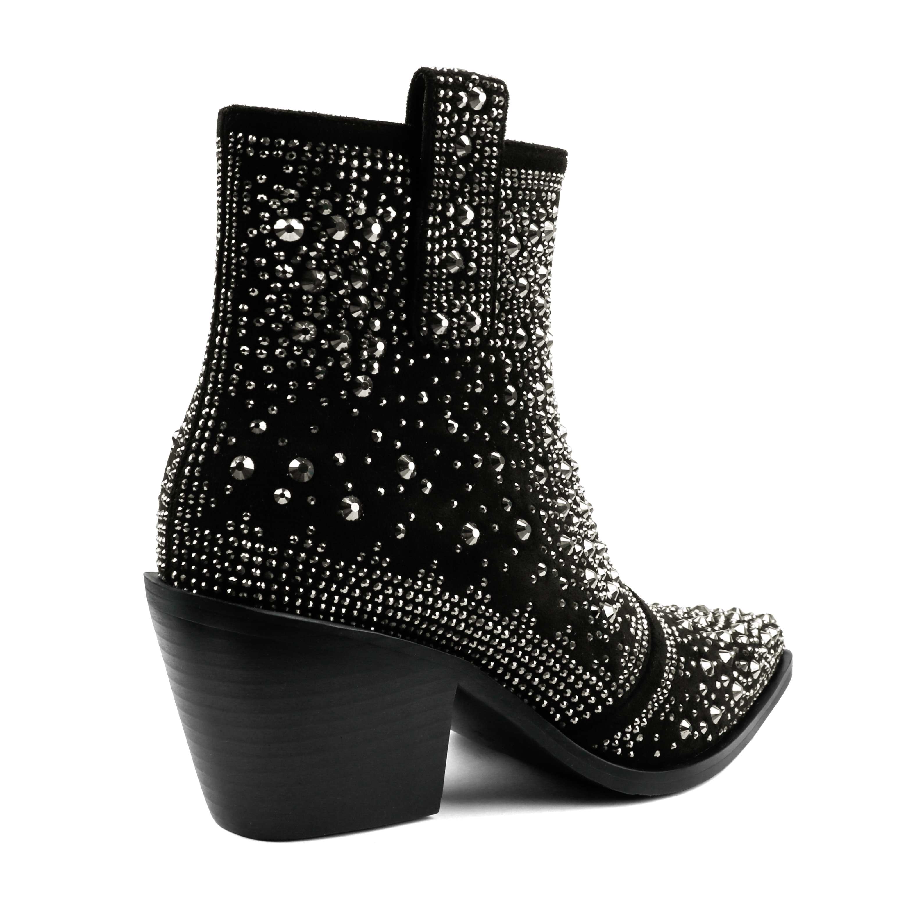 2.56" Women's Rhinestone Western Cowboy Boots Pointed Toe Block Heel Sparkly Ankle Boots-MERUMOTE
