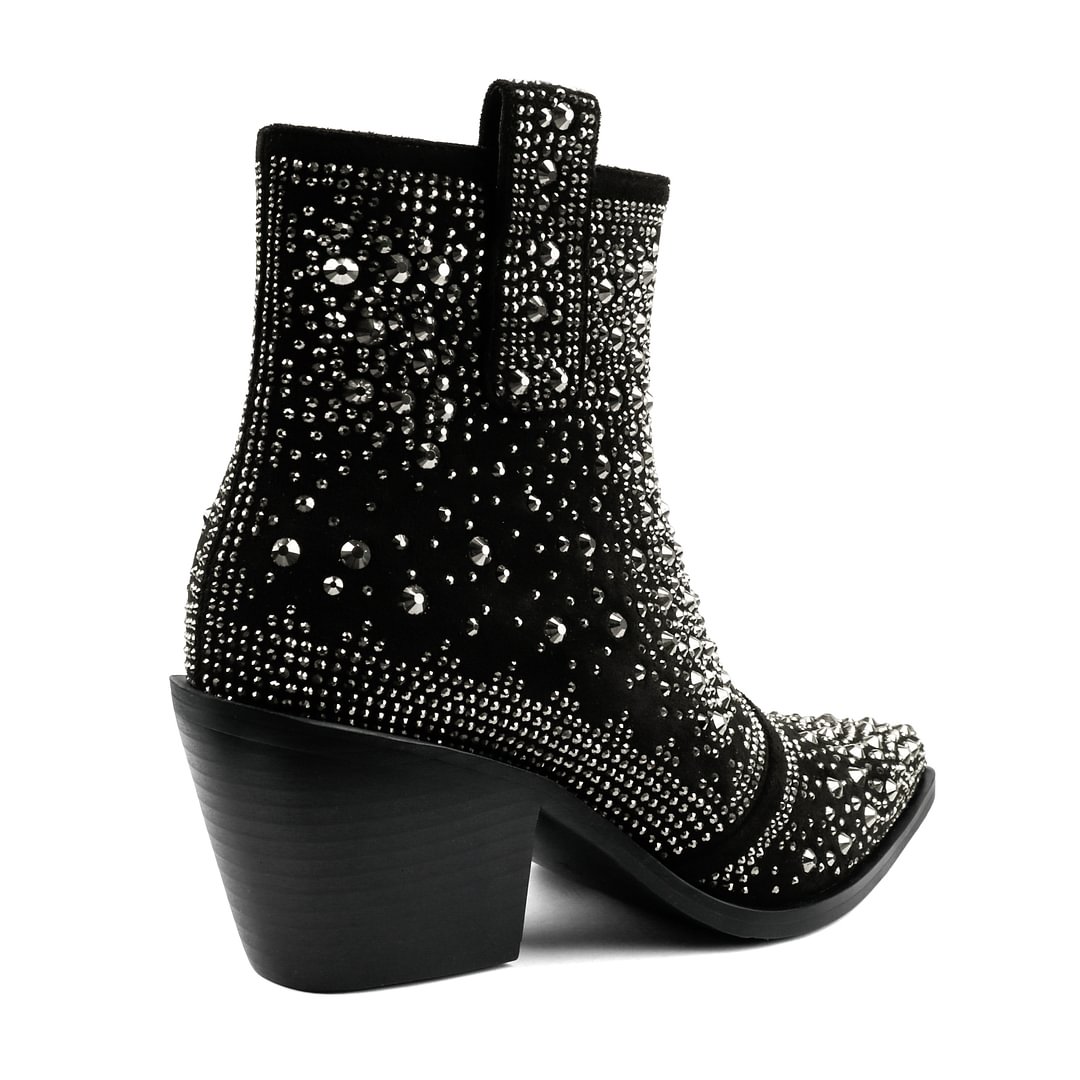 2.56" Women's Rhinestone Western Cowboy Boots Pointed Toe Block Heel Sparkly Ankle Boots-MERUMOTE