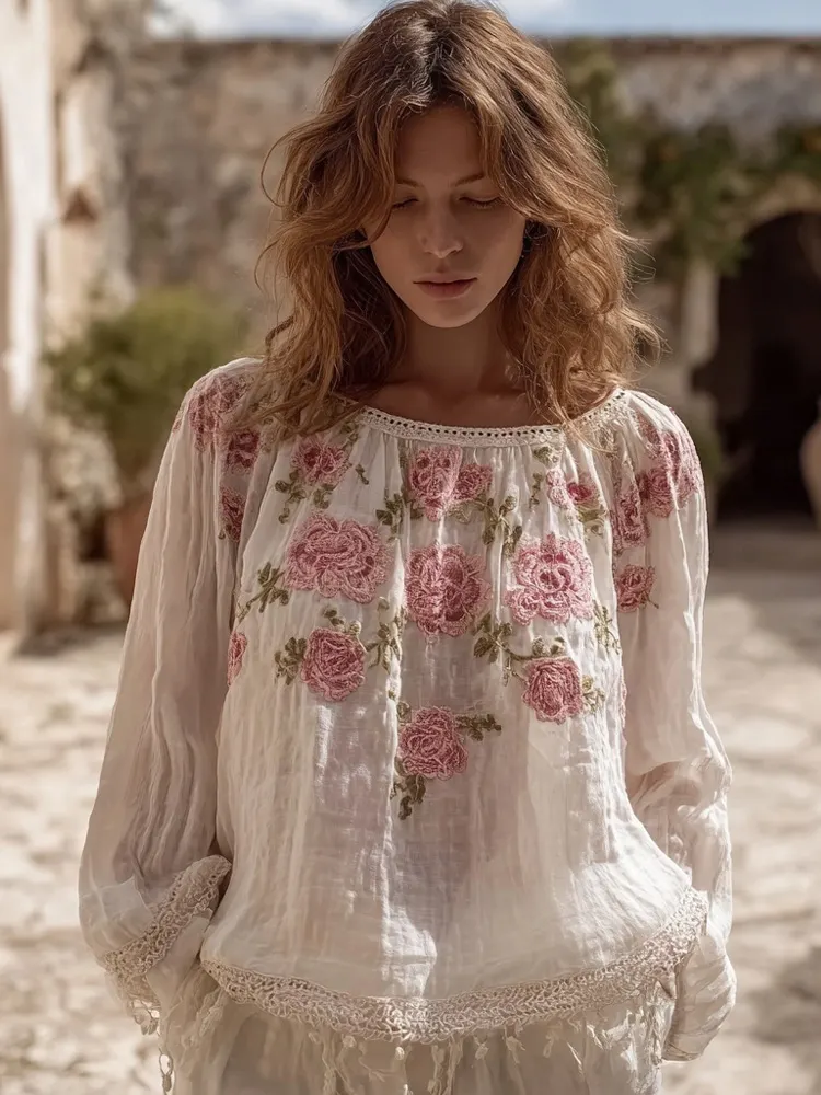 Vintage Boho Roses Lace Patchwork Linen Tunic