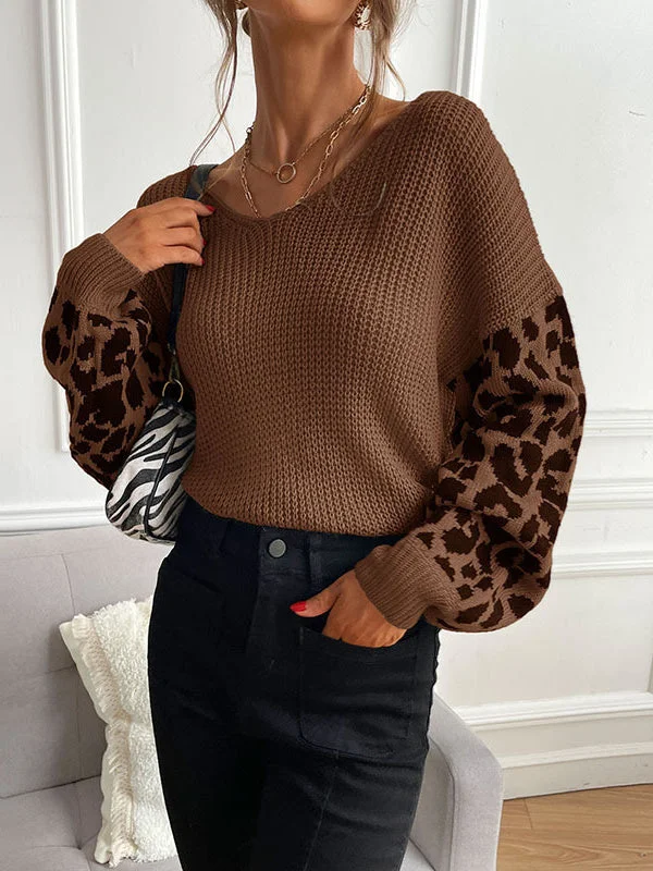 Leopard Print Round Neck Knit Pullover Sweater