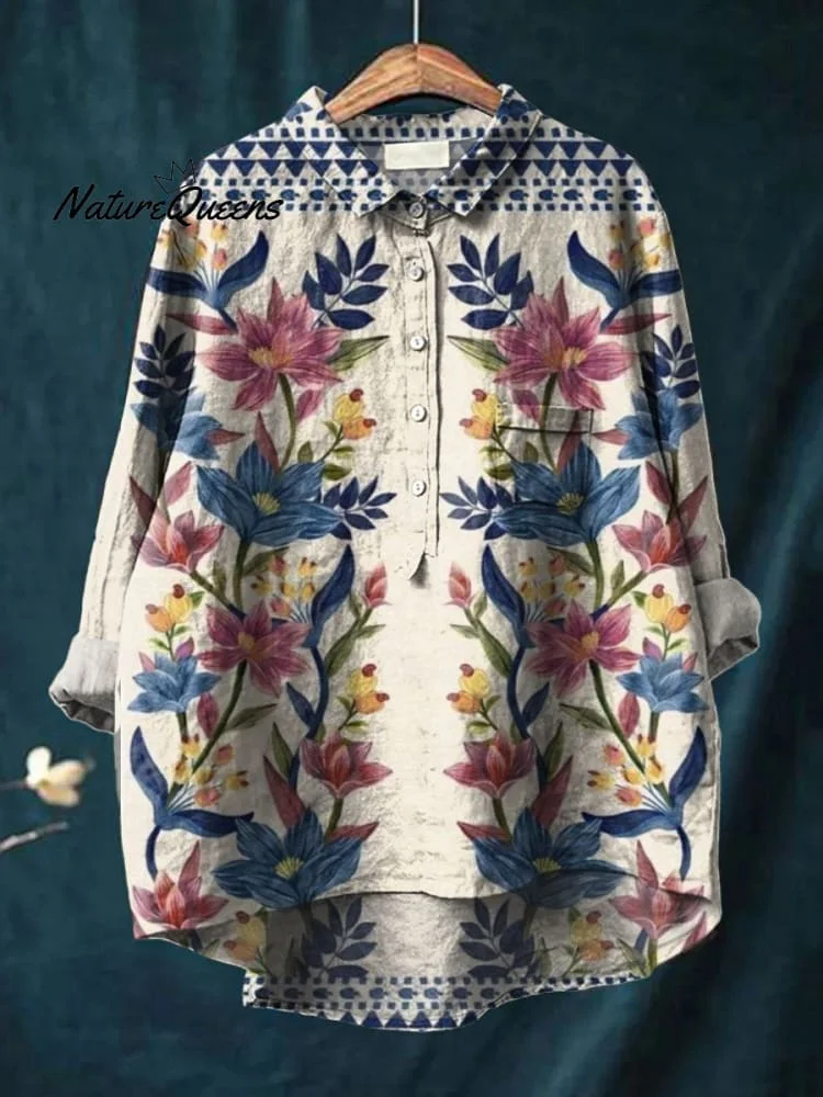 Women's Retro Blue and Pink Floral Print Casual Cotton And Linen Shirt