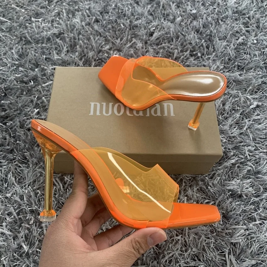 Summer Women sandals Sexy Transparent Heel Slippers Sandal Shoes Woman Thin High Heels Square Toe Sandal Lady Pump Shoes Mules