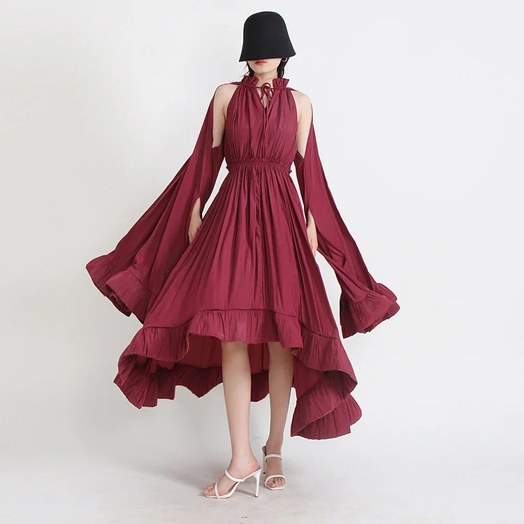 Pleated Design Solid Color Long Sleeve Maxi Dress