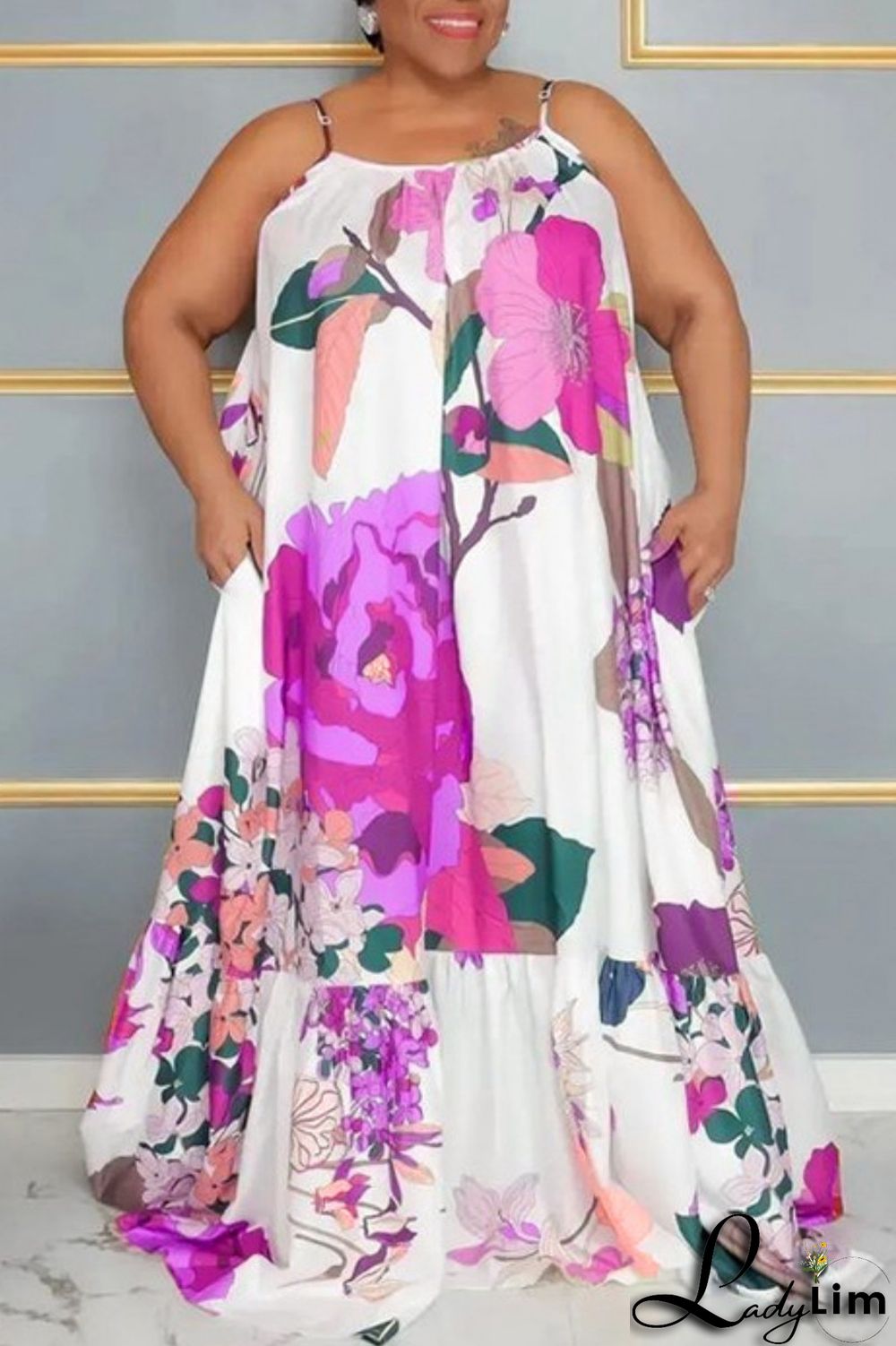 Pink Casual Print Backless Spaghetti Strap Long Dress Plus Size Dresses