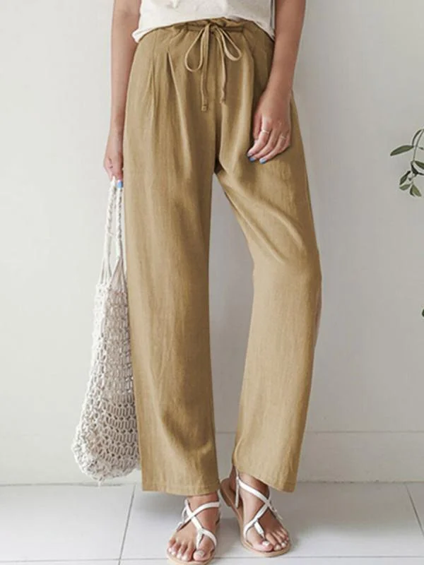 Ladies casual plain straight leg elasticated waist cotton linen trousers-Mayoulove