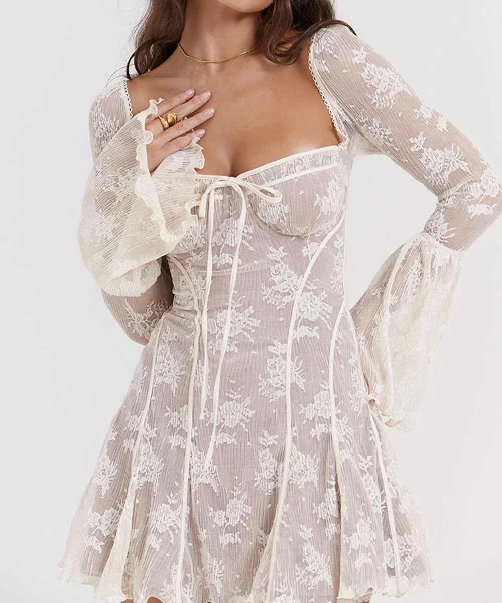 Lace Flared Sleeves A-Line Ruffled Vacation Mini Dresses