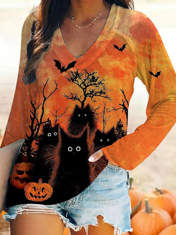Halloween Cat Print Long Sleeves
