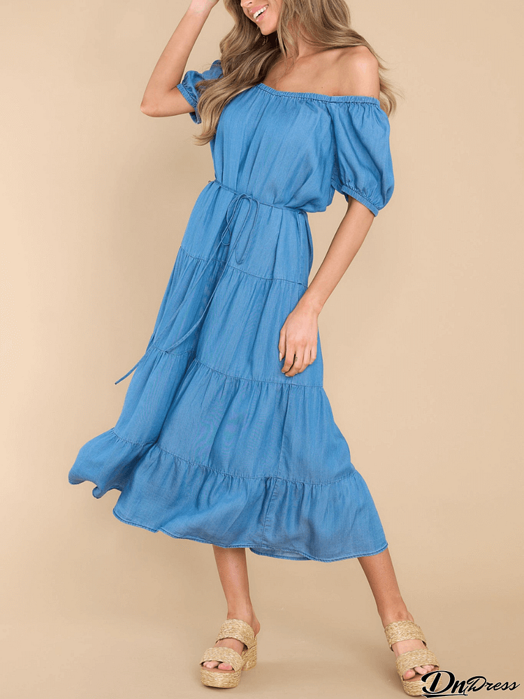 MADELINA TIERED COTTON BLEND DENIM MIDI DRESS