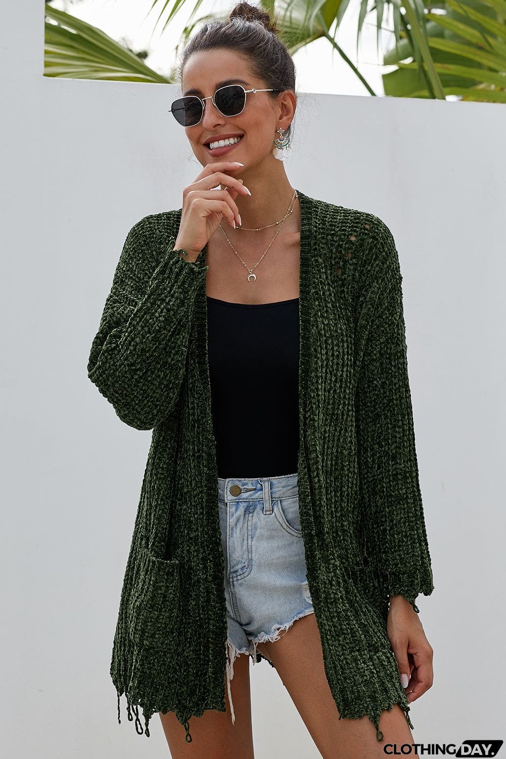 Chenille Knit Destroyed Cardigan Sweater