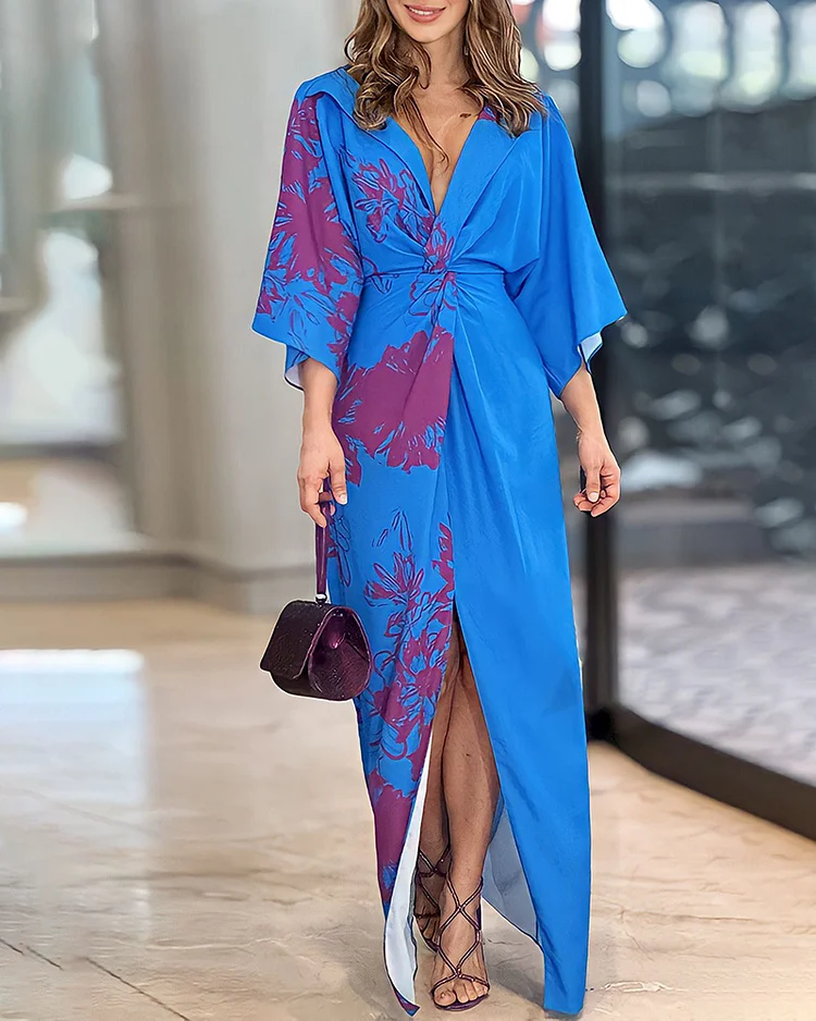 Fashionable Mid-sleeved V-neck Printed Dress