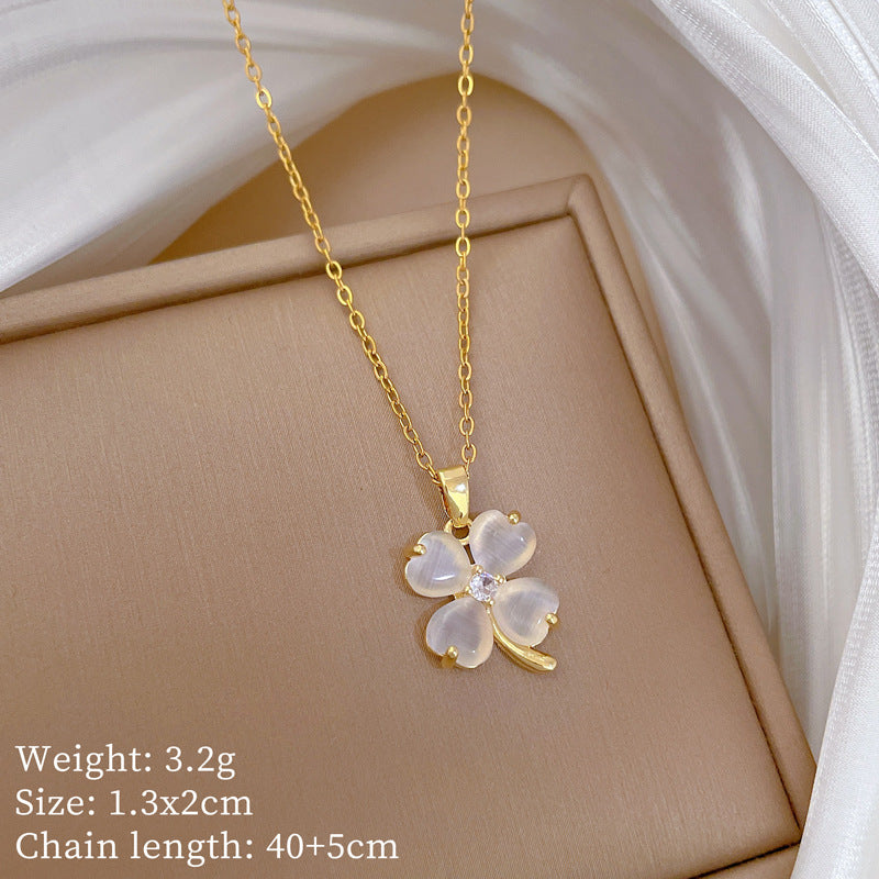 Cat’S Eye Clover Fashion Gorgeous Full Diamond Necklace Women’S All-Match Clavicle Chain Titanium Steel